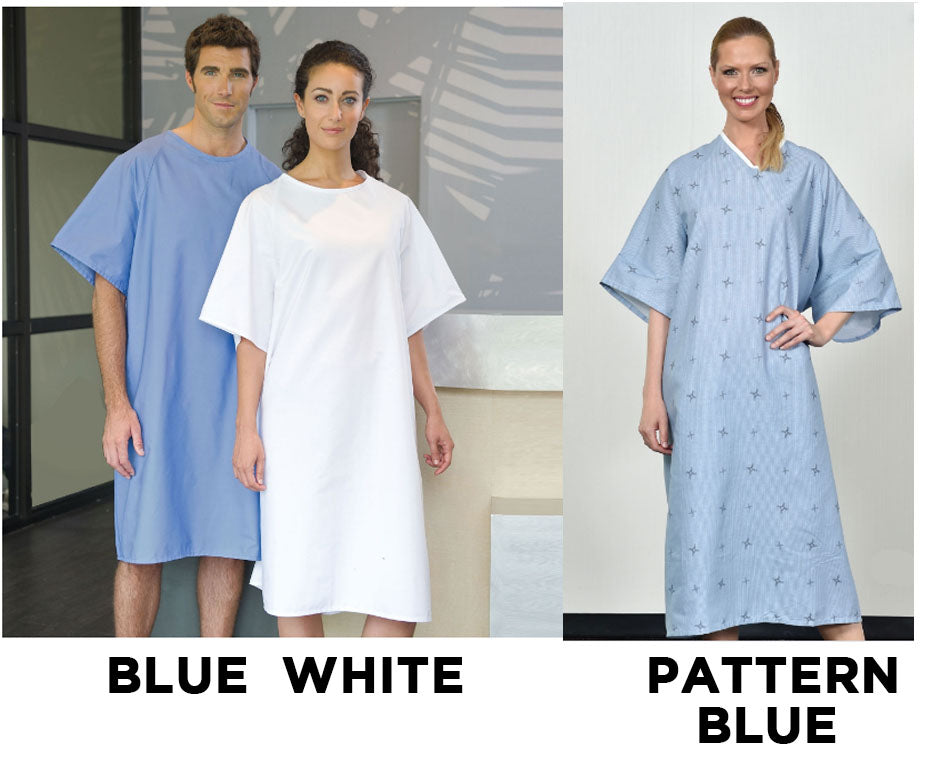 blue dress white jacket Female Patient Hospital Gowns: Front Open